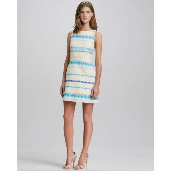 Alice + Olivia 2 Mini Dress Cream Blue Stripes Sleeveless Cut Out XS Everleigh - Picture 2 of 10